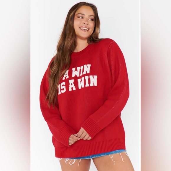 NWT Show Me Your MuMu Red Win Graphic Knit Varsity Sweater Relaxed Fit Size 1X - Picture 2 of 8
